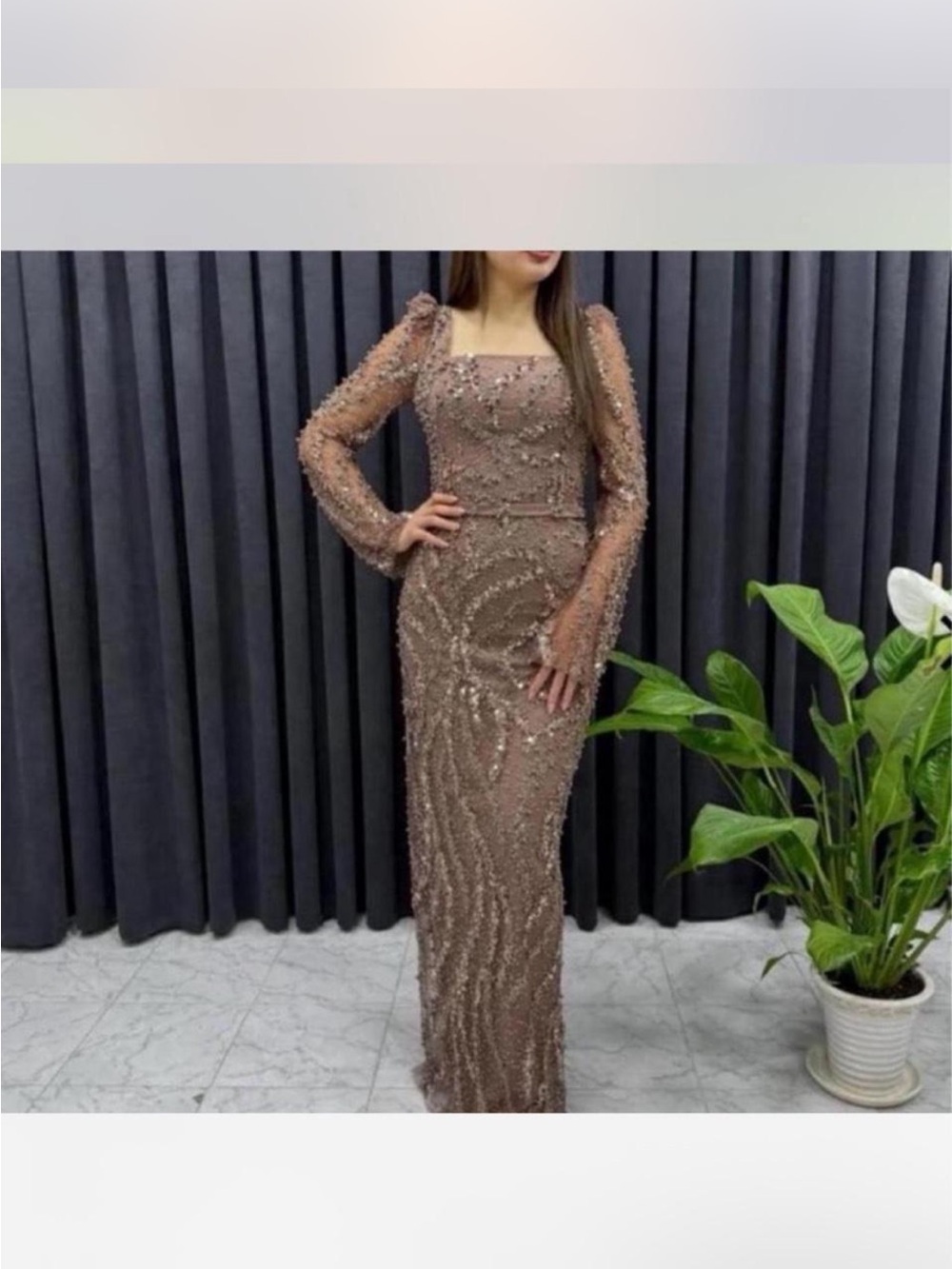 Fancy long sleeve taupe dress heavy embellished with sequins and pearls.